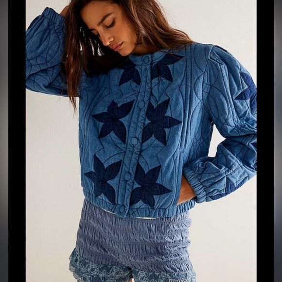 Free People Quinn Quilted Jacket Indigo Combo - Picture 2 of 12